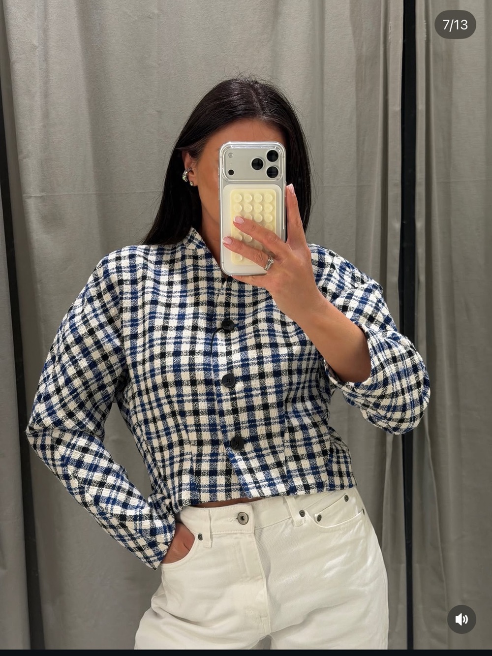 Zara Navy and White Checked Cropped Blazer